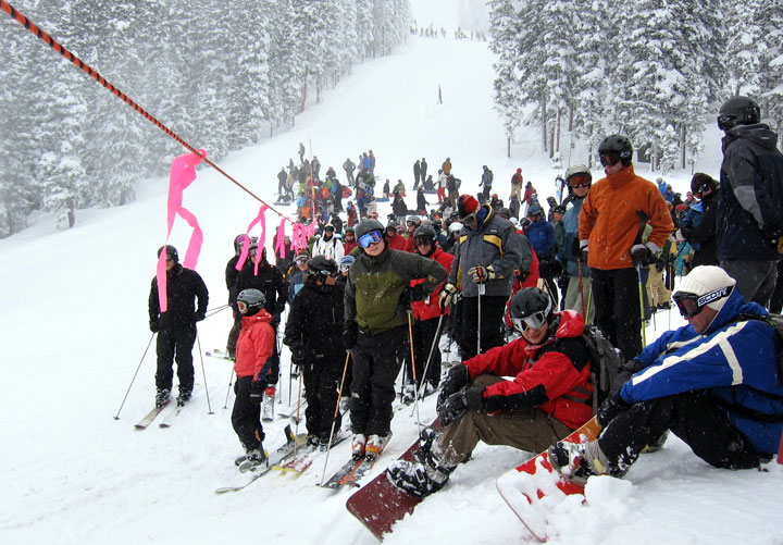 A crowd gathers while waiting for the rope to drop into Fox Trot during the opening day of The Outback area at Keystone, Colorado, December 7, 2007. 